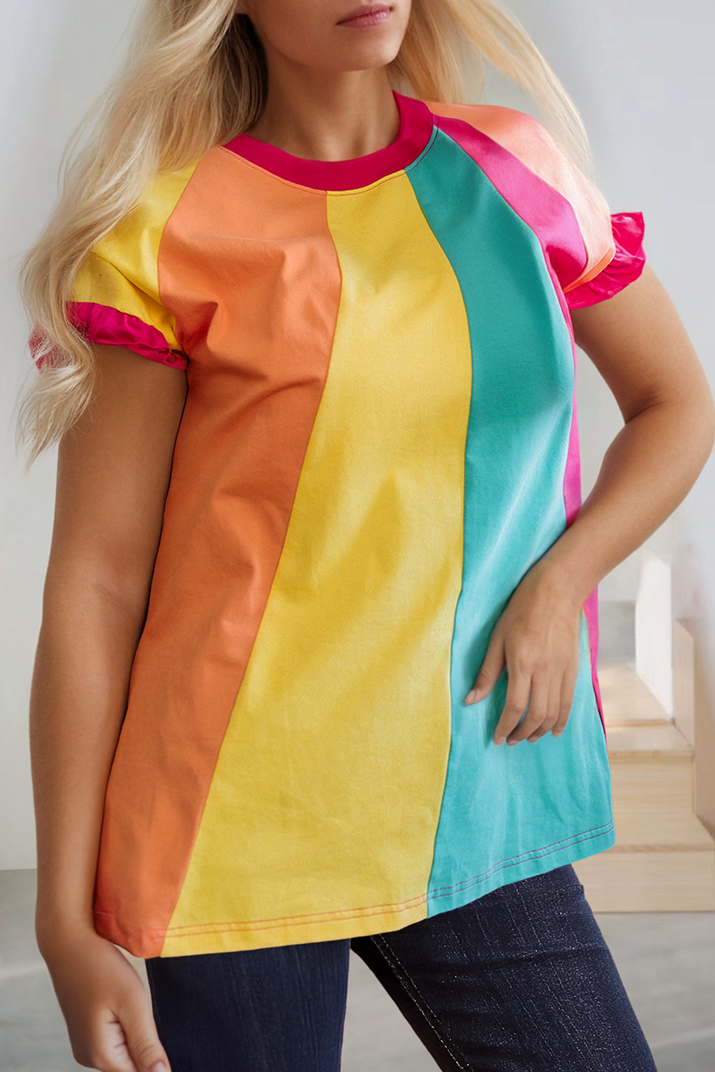 Color Block Ruffled Crew Neck Loose Fit T Shirt (S-Xl)