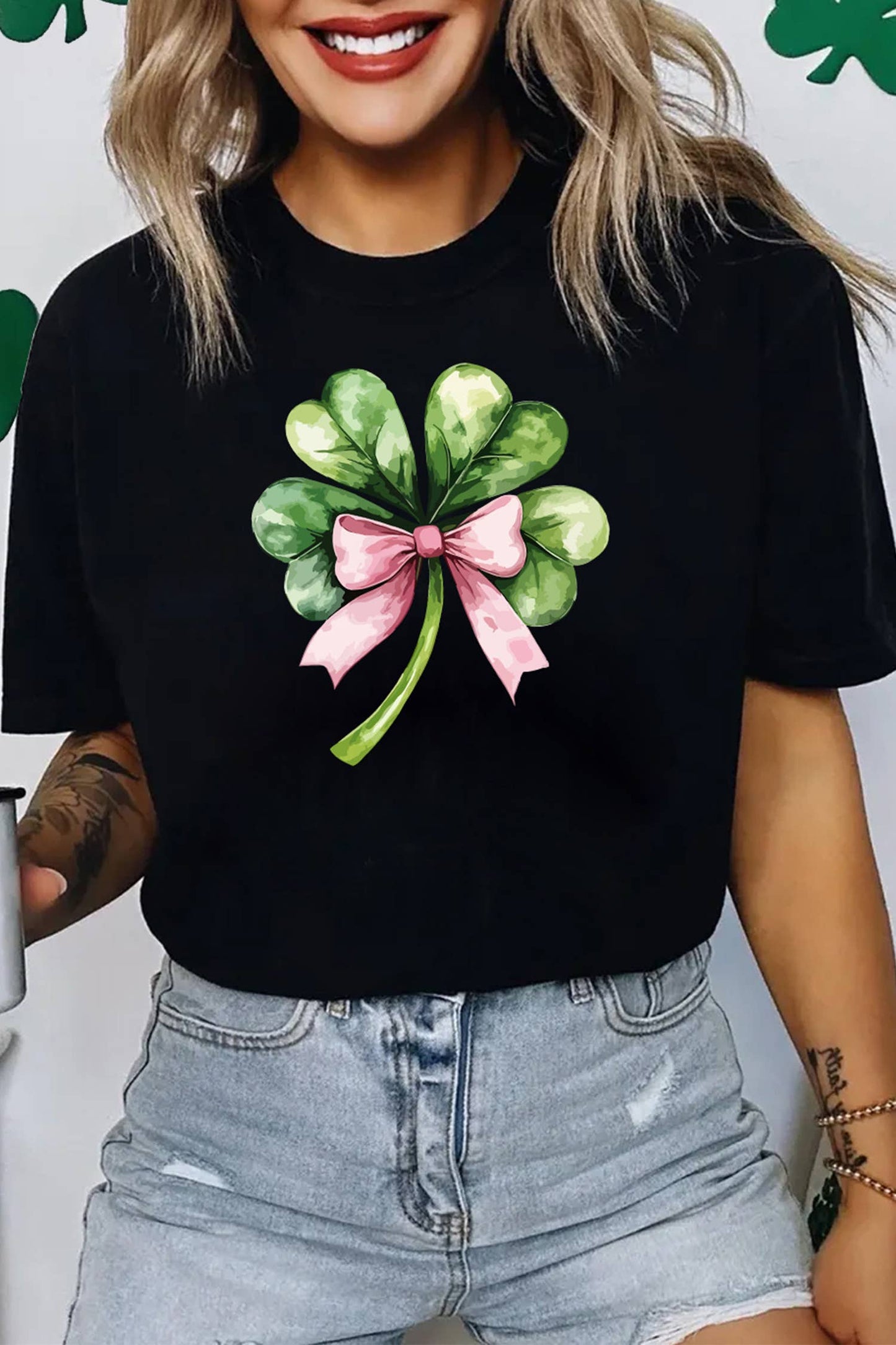 Cute Bow Knot Clover Printed Womens Casual Tee (S-3XL)
