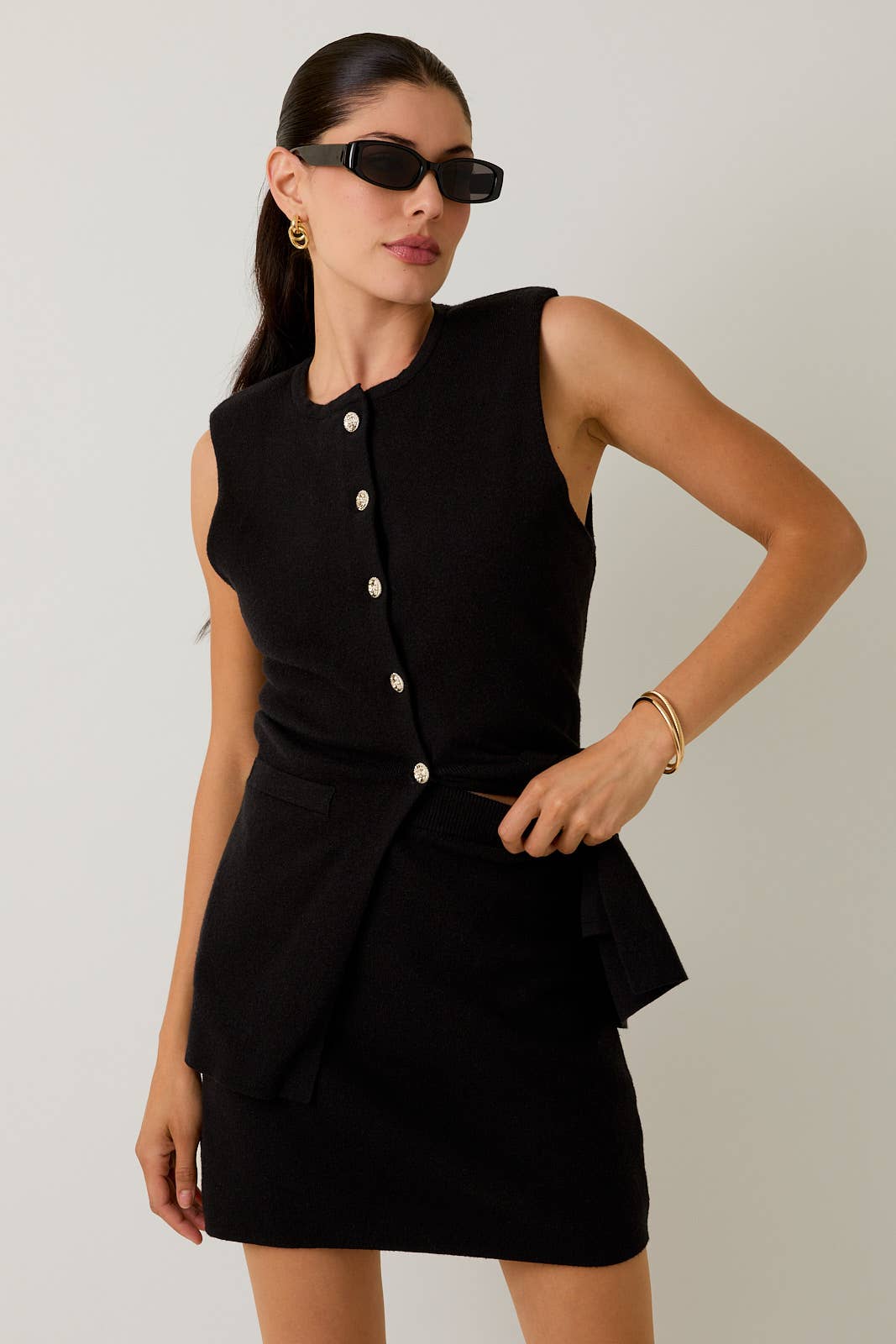 Power Shoulder Button Up Knit Vest & Sweater Skort