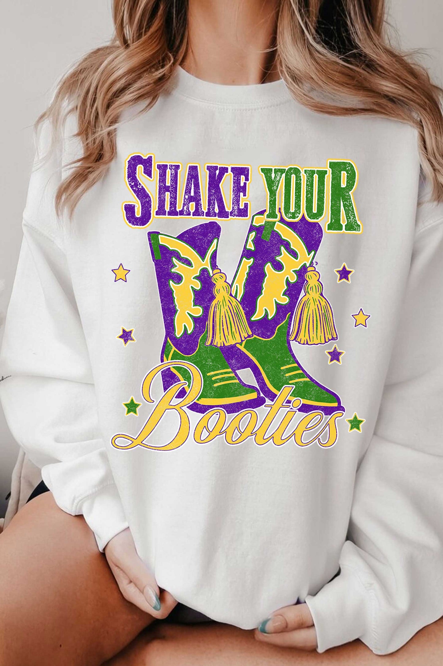 Mardi Gras Boots Shake Your Booties Graphic Brush Sweatshirt