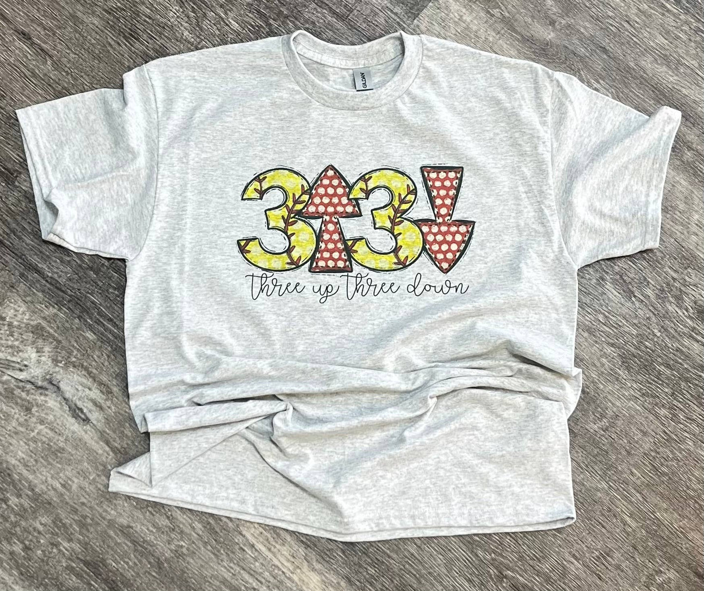 Three Up Three Down Softball On Ash Gray Tee