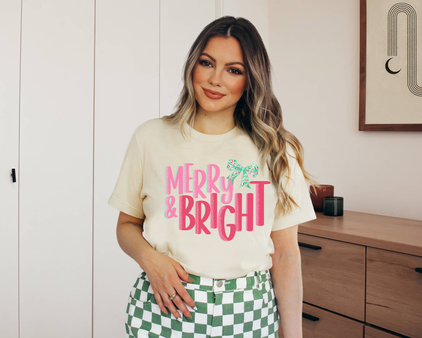 Retro Merry and Bright Bow Tee Holiday Graphic Tees