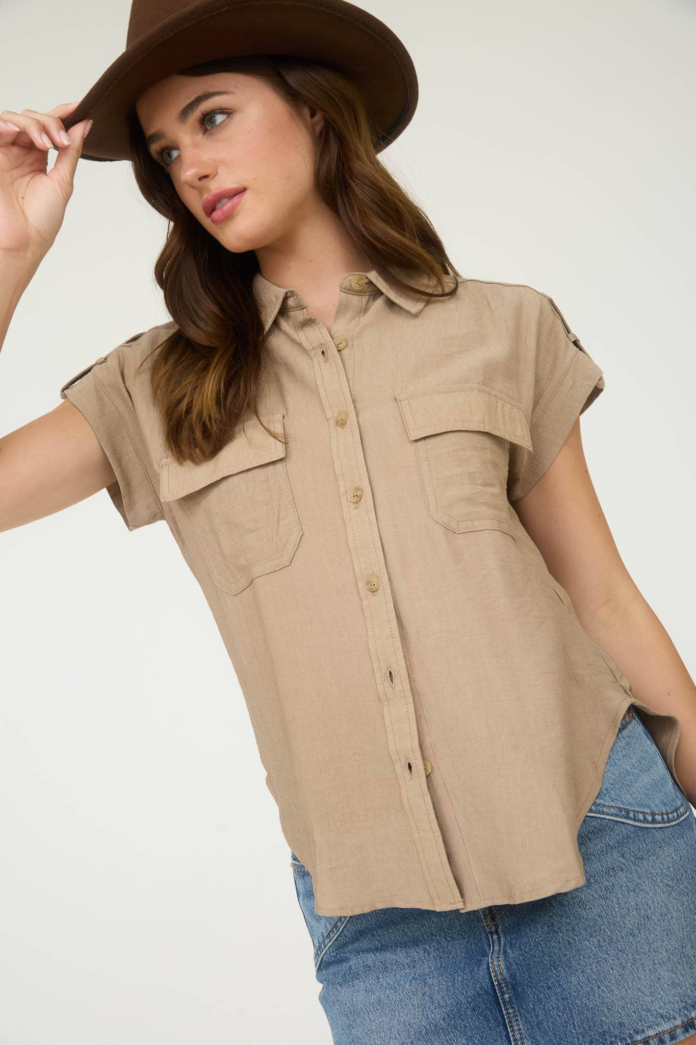 Collared Button Down Tab Sleeve Shirt