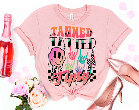 Tanned Tatted Tipsy - Beach Smiley Retro Summer T-Shirt
