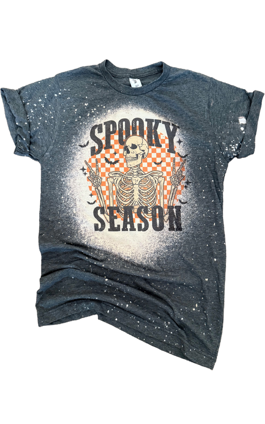 Spooky Season Checkered Skeleton Halloween Bleached Tee