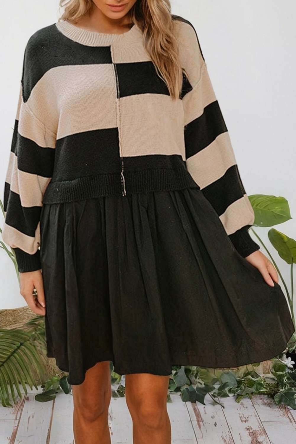 Stripe Two in One Top Splicing Hem Sweater Dress (S-Xl)