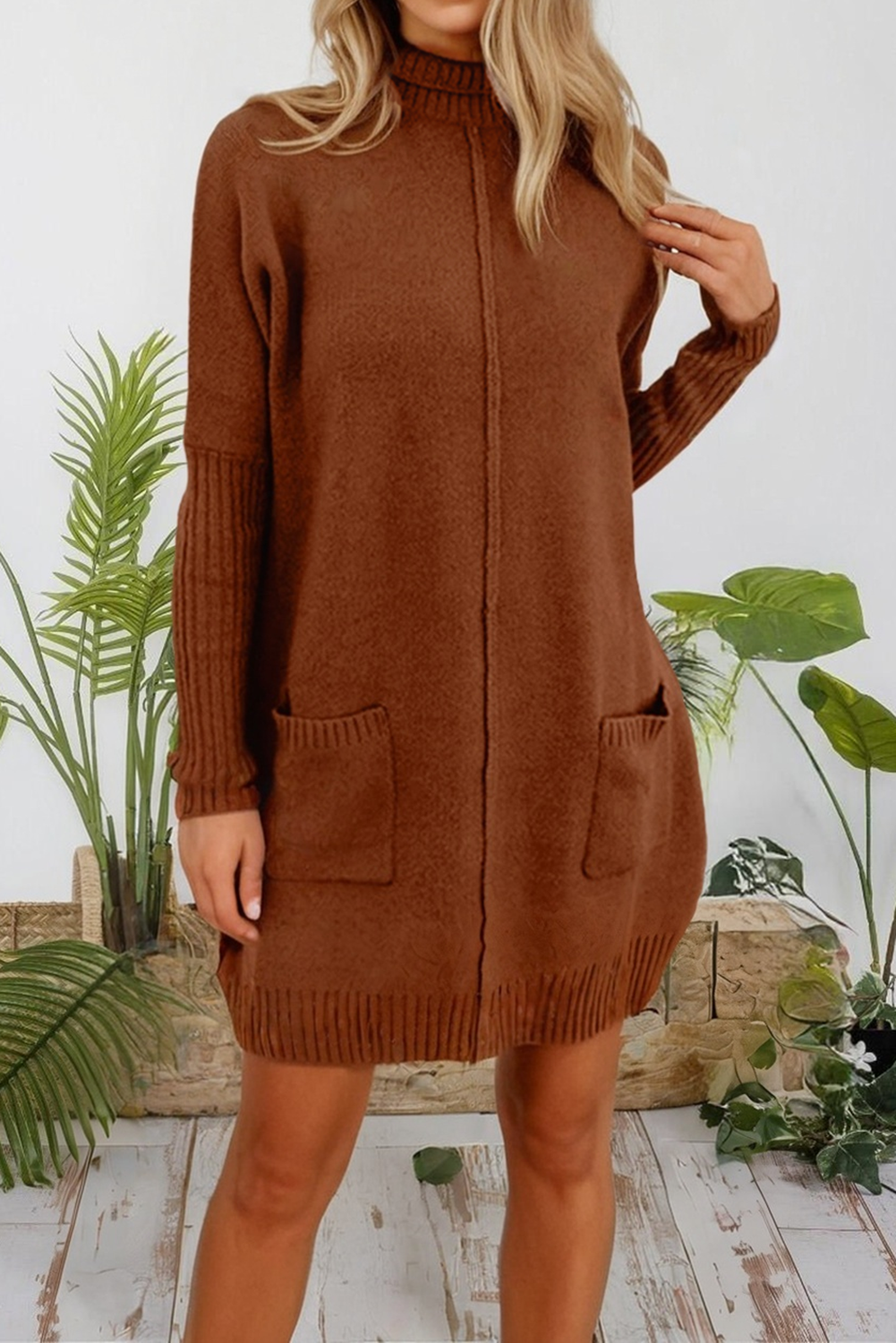 Ribbed High Neck Center Seam Shift Sweater Fall Dress