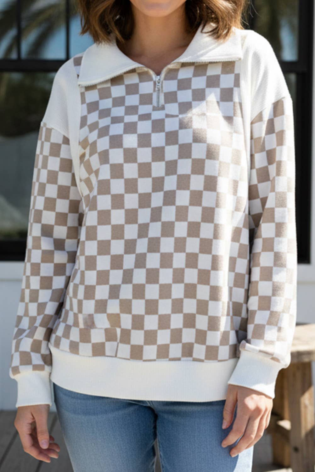 Checkered Quarter Zip Ribbed Patchwork Sweatshirt (S-Xl)