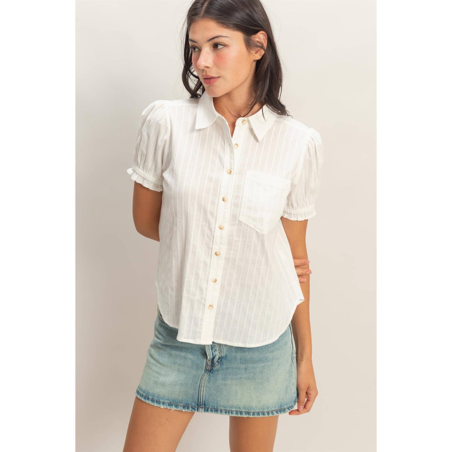 Button-Up Puff Short Sleeve Shirt
