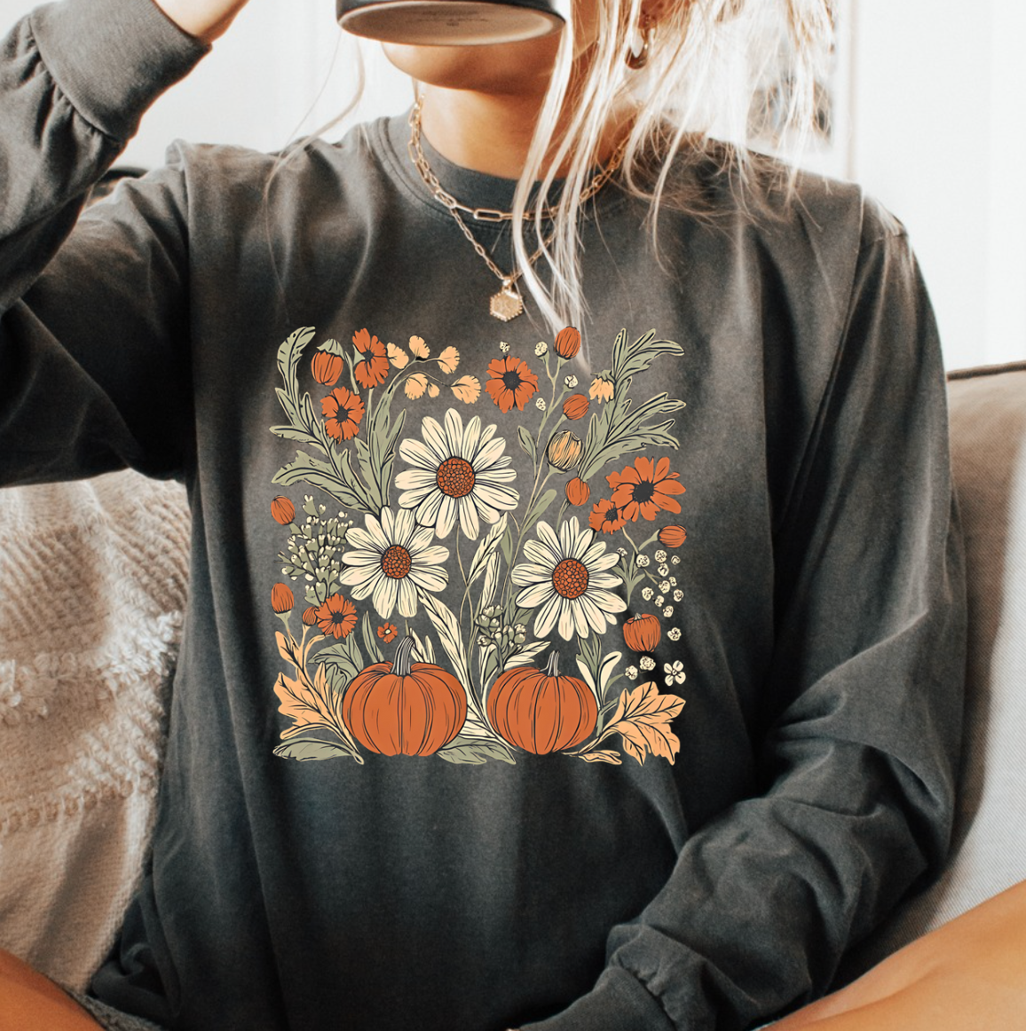 Boho Fall Floral Comfort Color Tee - Long Sleeve
