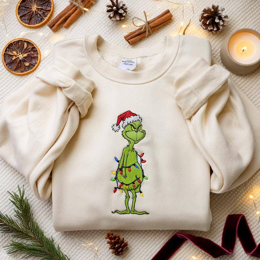 Embroidered Grinch Christmas Lights Sweatshirt
