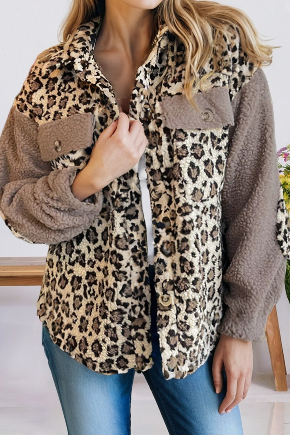 Sherpa Leopard Print Flap Pocket Button Up Jacket (S-Xl)