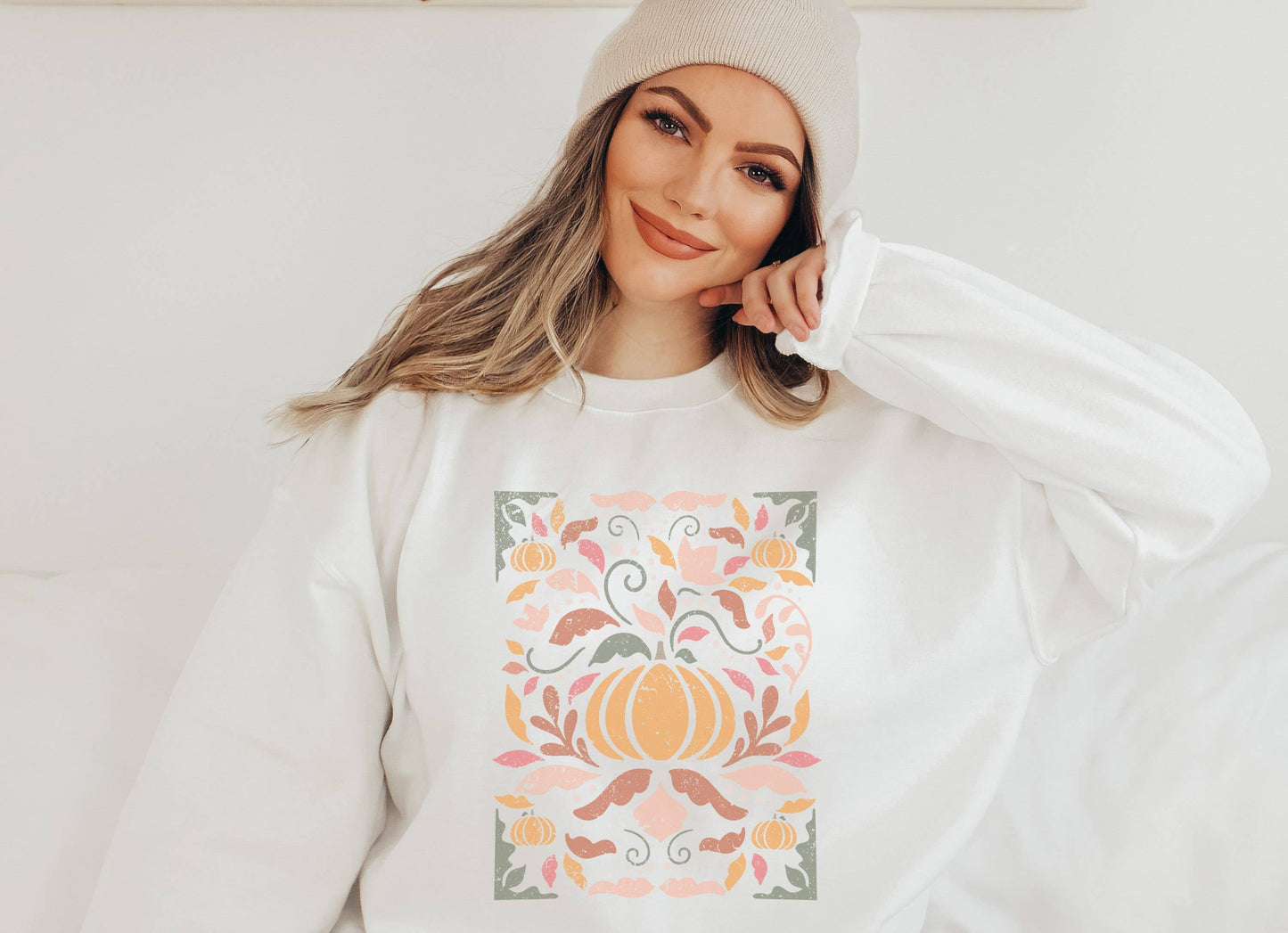 Retro Fall Floral Pumpkins Crew Neck Sweatshirt