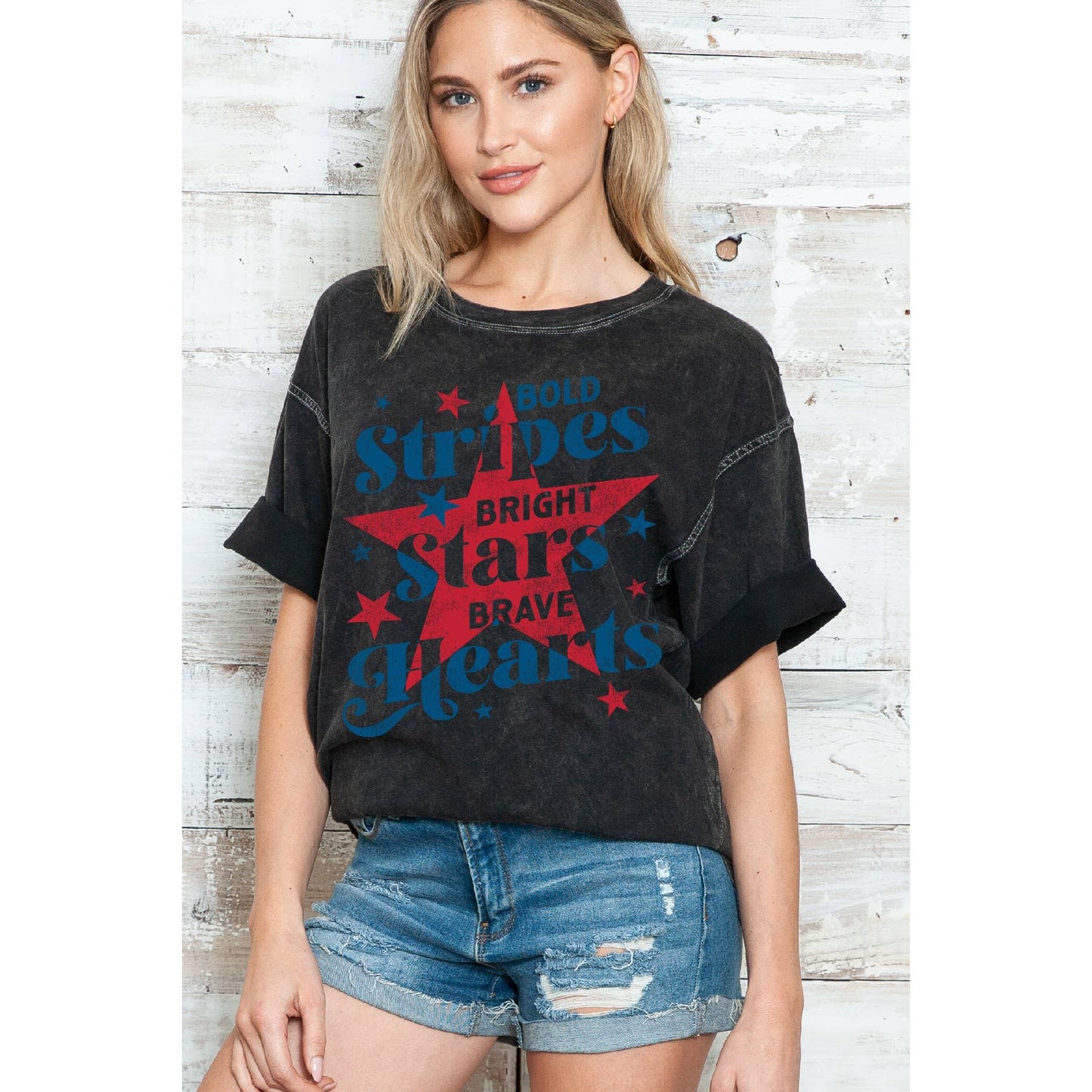 4th of July Bright Star Heart Oversize Mineral Wash T Shirt