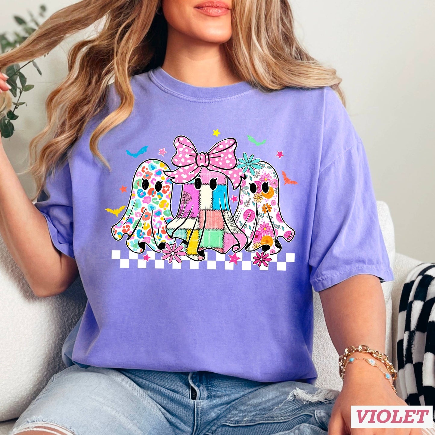 Halloween 2025 Checkered Ghost Graphic Shirt | Comfort Color