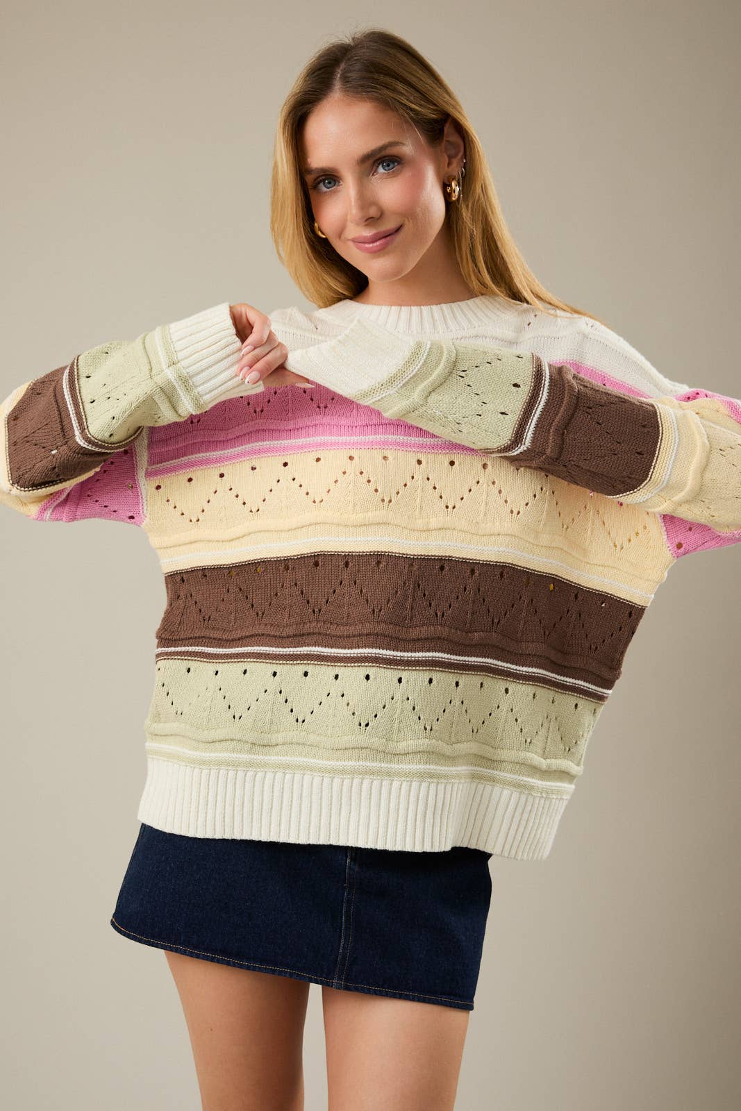 Round Neck Long Sleeve Color Block Sweater Top