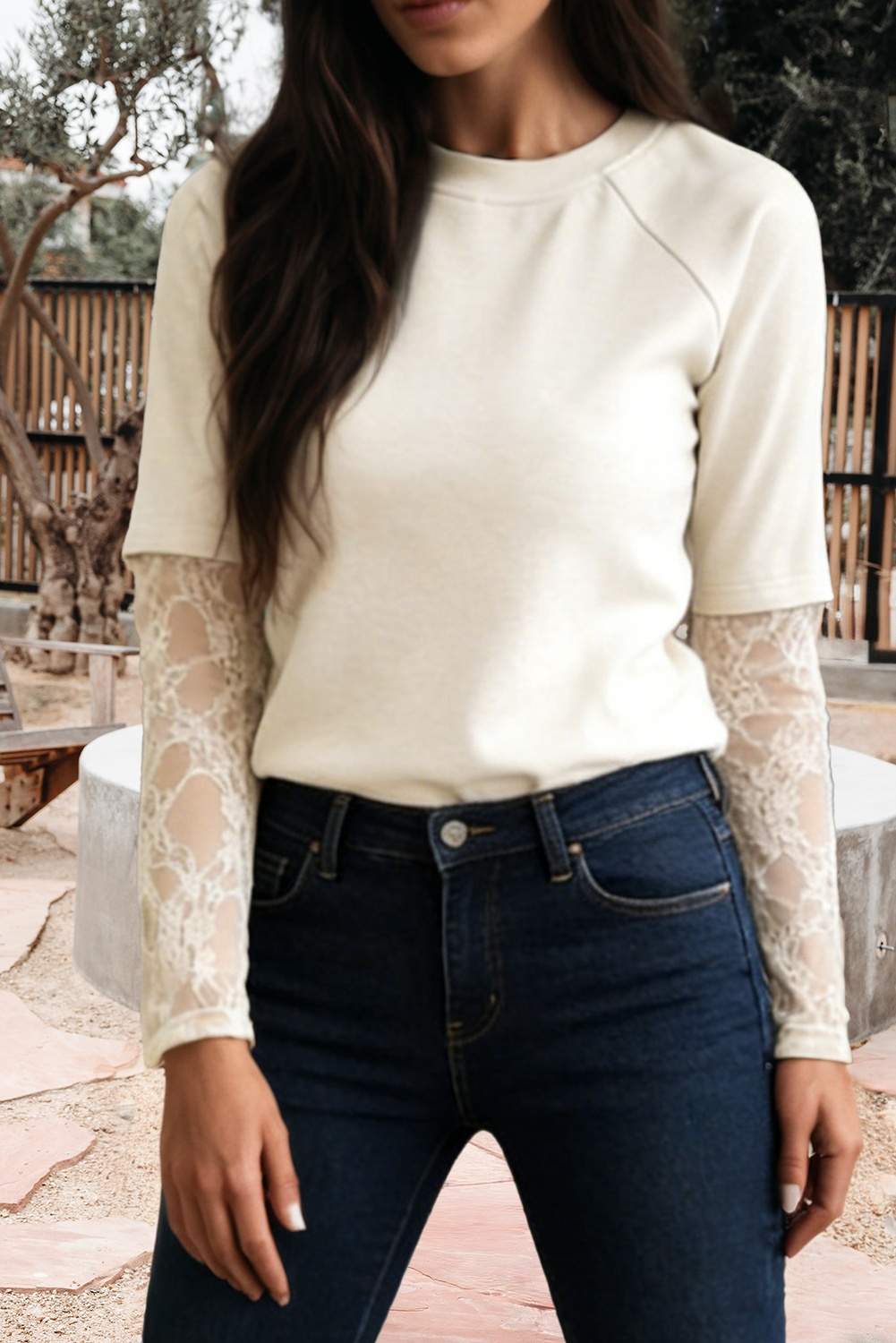 Solid Color Lace Patchwork Long Sleeve T Shirt (S-Xl)