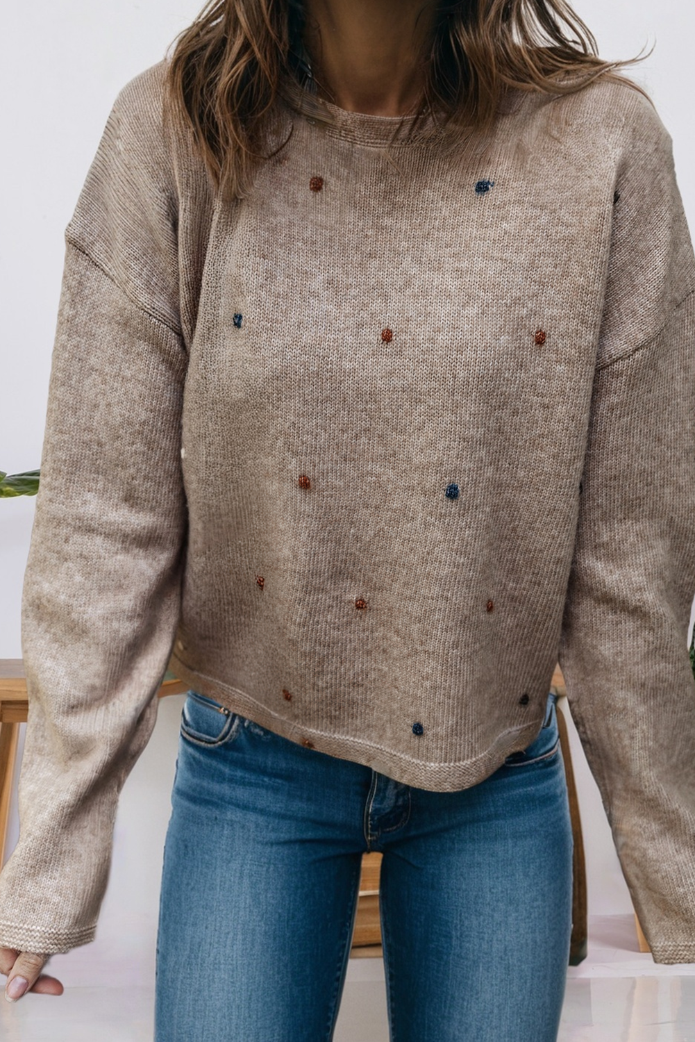 Contrast Colored Dot Detail Drop Shoulder Sweater (S-Xl)
