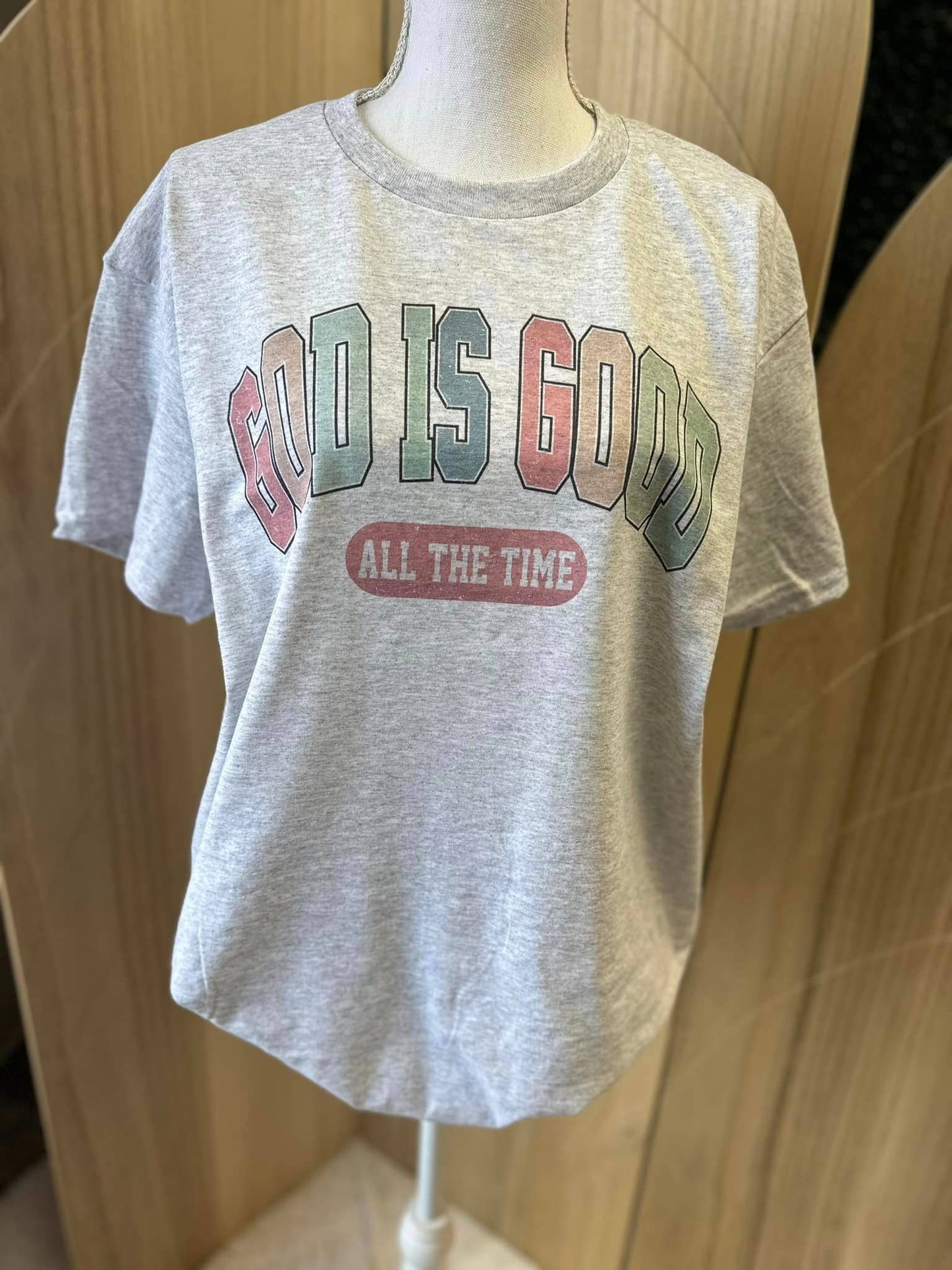 God Is Good All the Time Varsity Letters - Ash Gray Tee