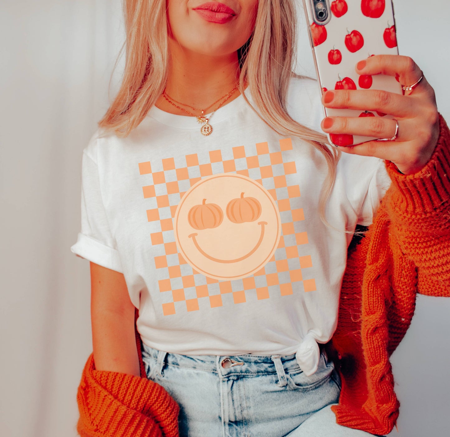 Pumpkin Happy Face Grid Tee | Fall Pumpkin Shirt Graphic Tee