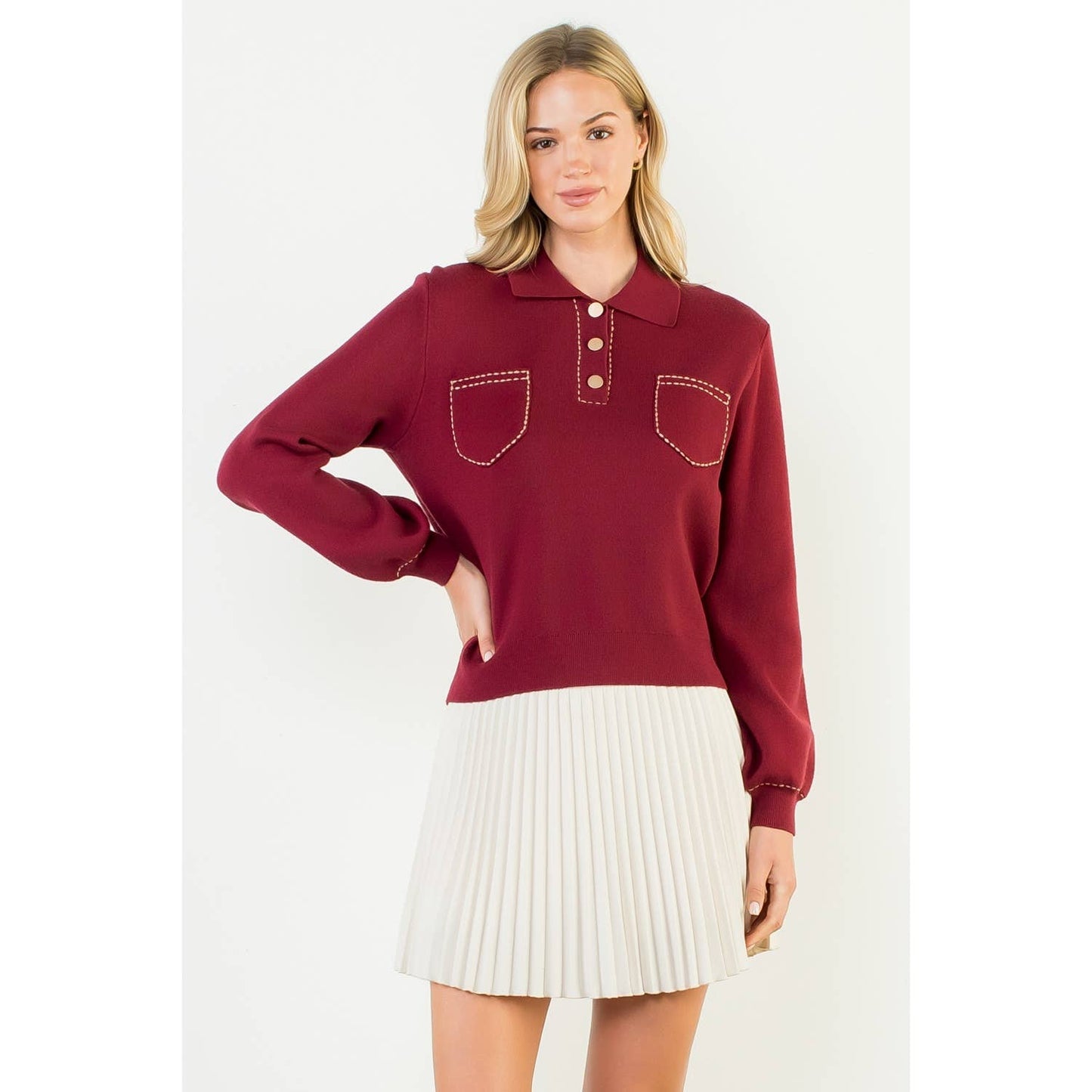 Polo Collar Button Front Knit Top