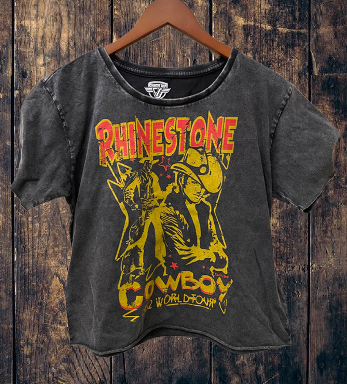 Rhinestone Cowboy 1982 World Tour Vintage Acid Wash Regular Crop Tee