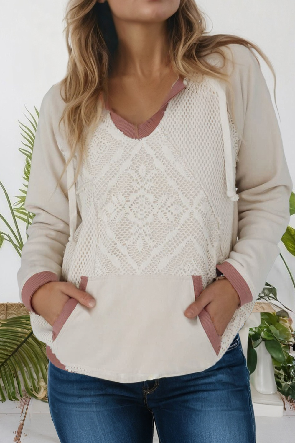Fall Contrast Trim Crochet Knit Exposed Seam Hoodie (S-Xl)