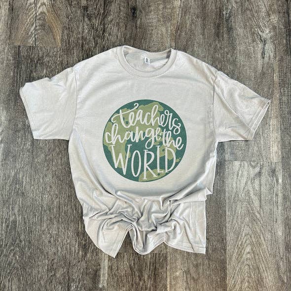 Teachers Change the World Globe On Silver Tee