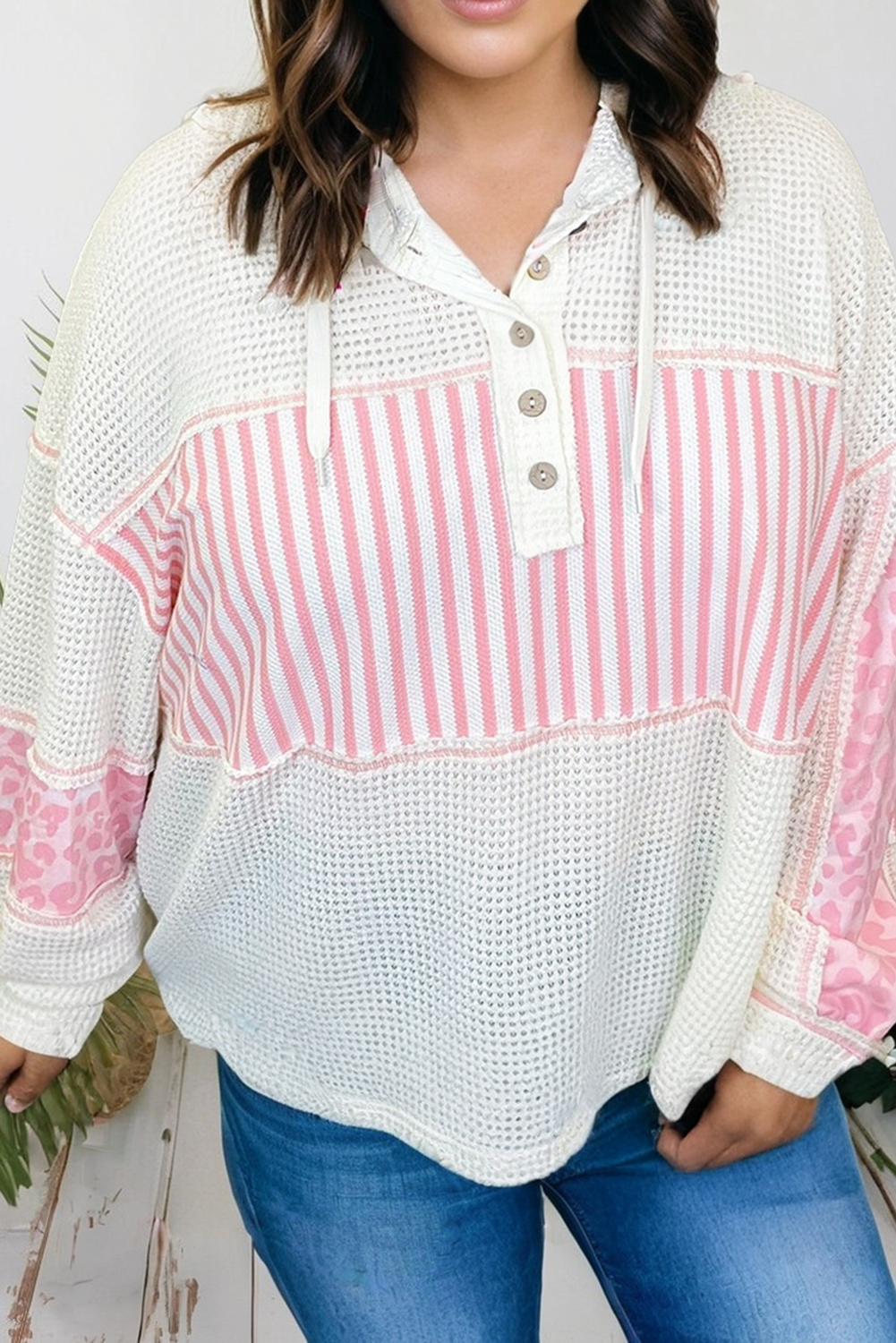 Stripe Leopard Patchwork Waffle Knit Plus Size Hoodie