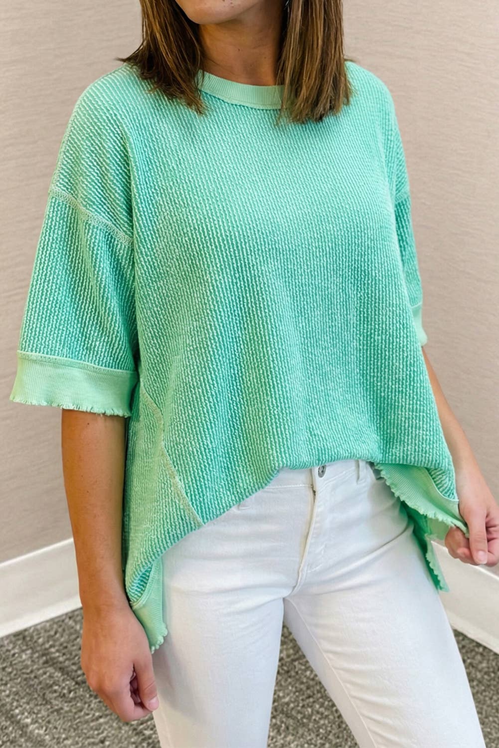 Loose Uneven Hem Twist Ribbed T Shirt (S-Xl)