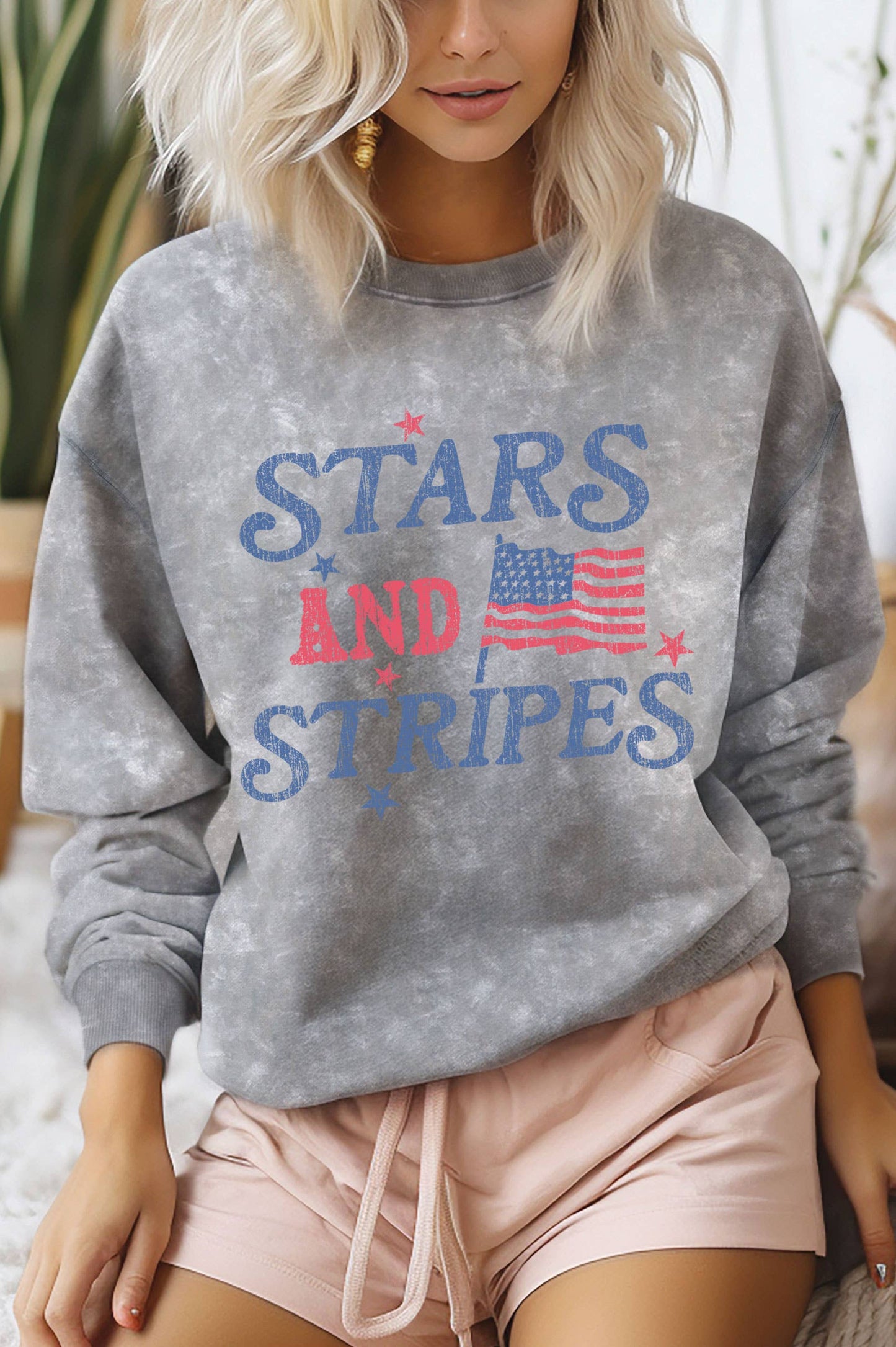 Stars and Flag Stripes Graphic Mineral Brushed Sweatshirt