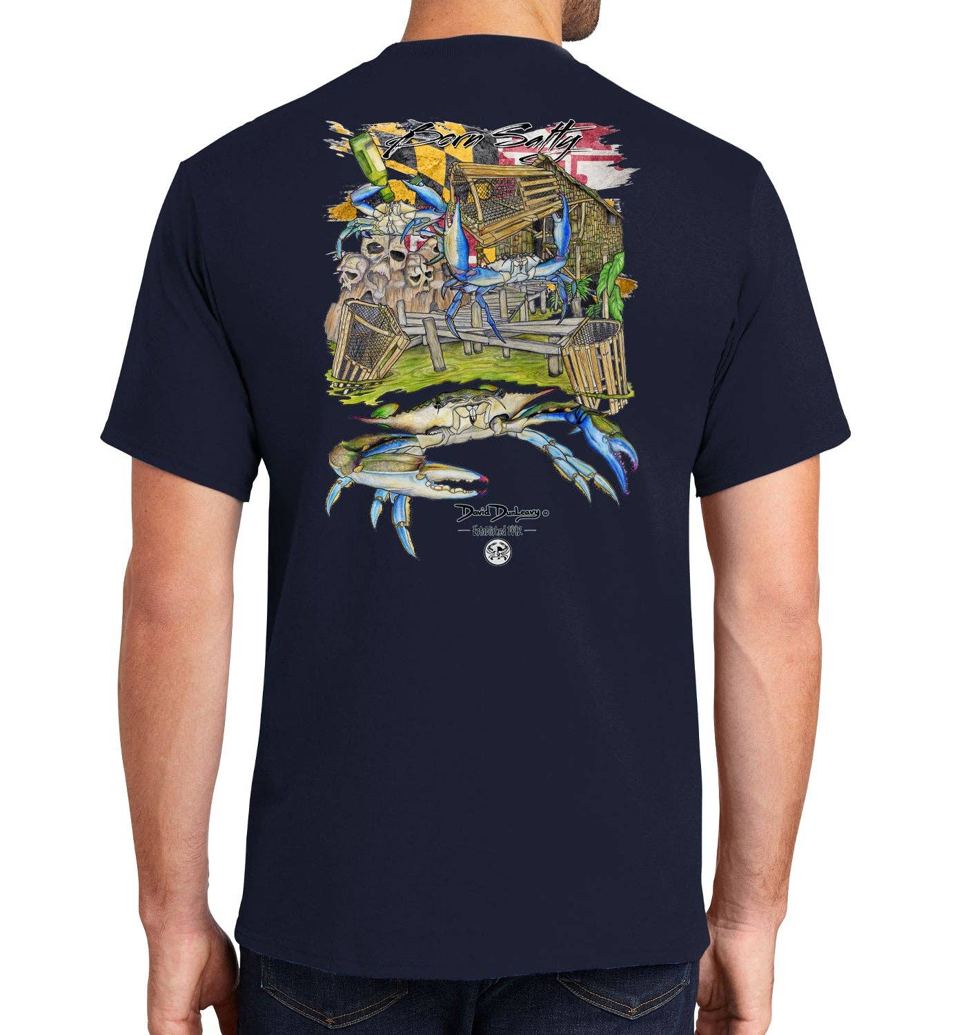 Men's Born Salty Maryland Blue Crab Short Sleeve Navy Cotton T-Shirt