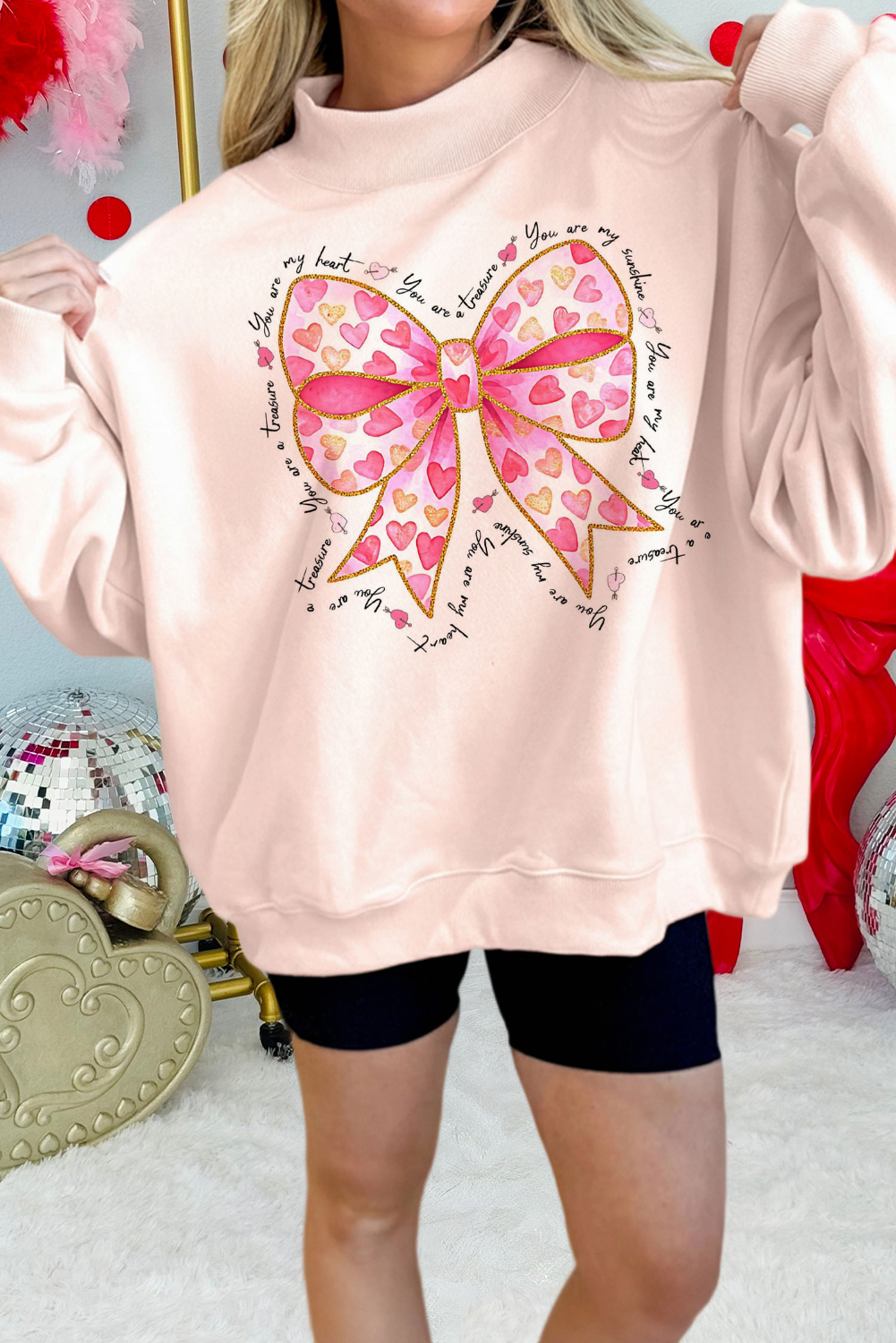 Bow Valentines Slogan Printed Mock Neck Sweatshirt (S-Xl)