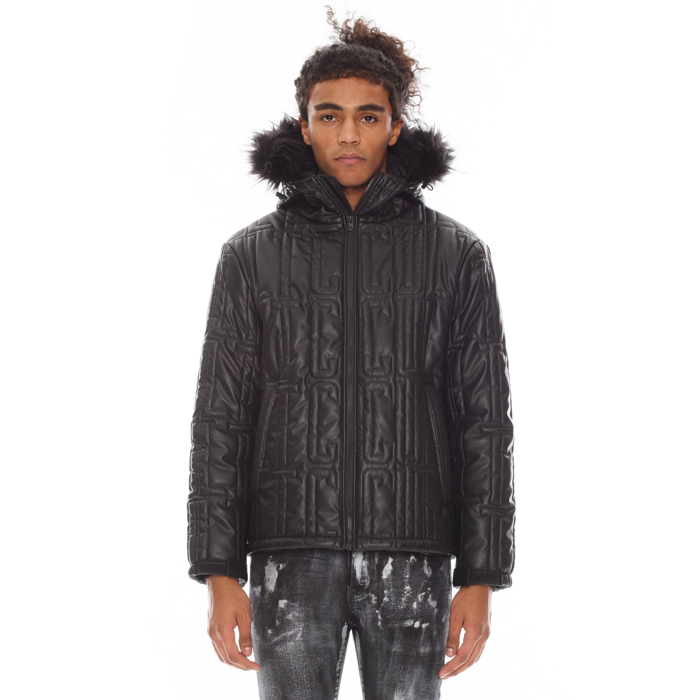 Leather Puffer Jacket with Fur Hood in Black