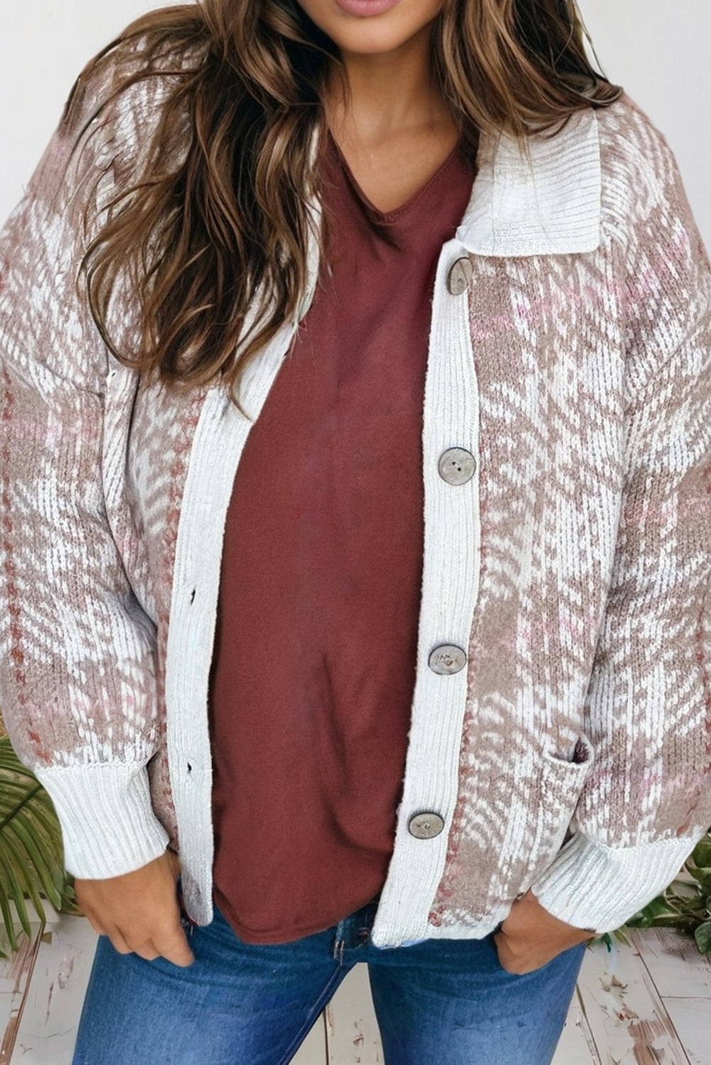 Knit Ribbed Trim Button Front Plus Size Sweater Cardigan
