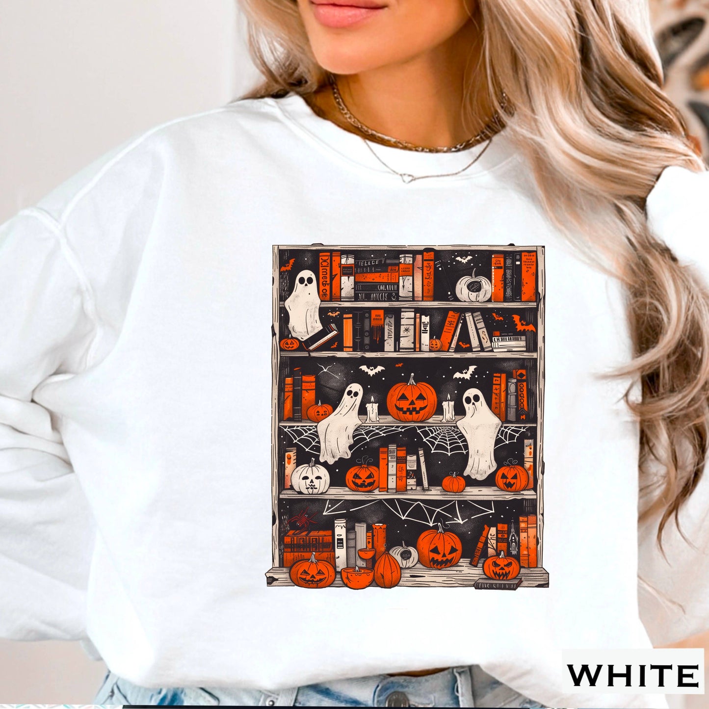 Halloween 2025 Ghost Bookcase Graphic Sweatshirt