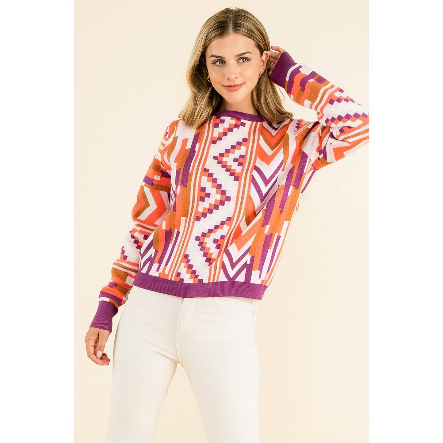 Purple Geometric Pattern Knit Sweater with Long Sleeves