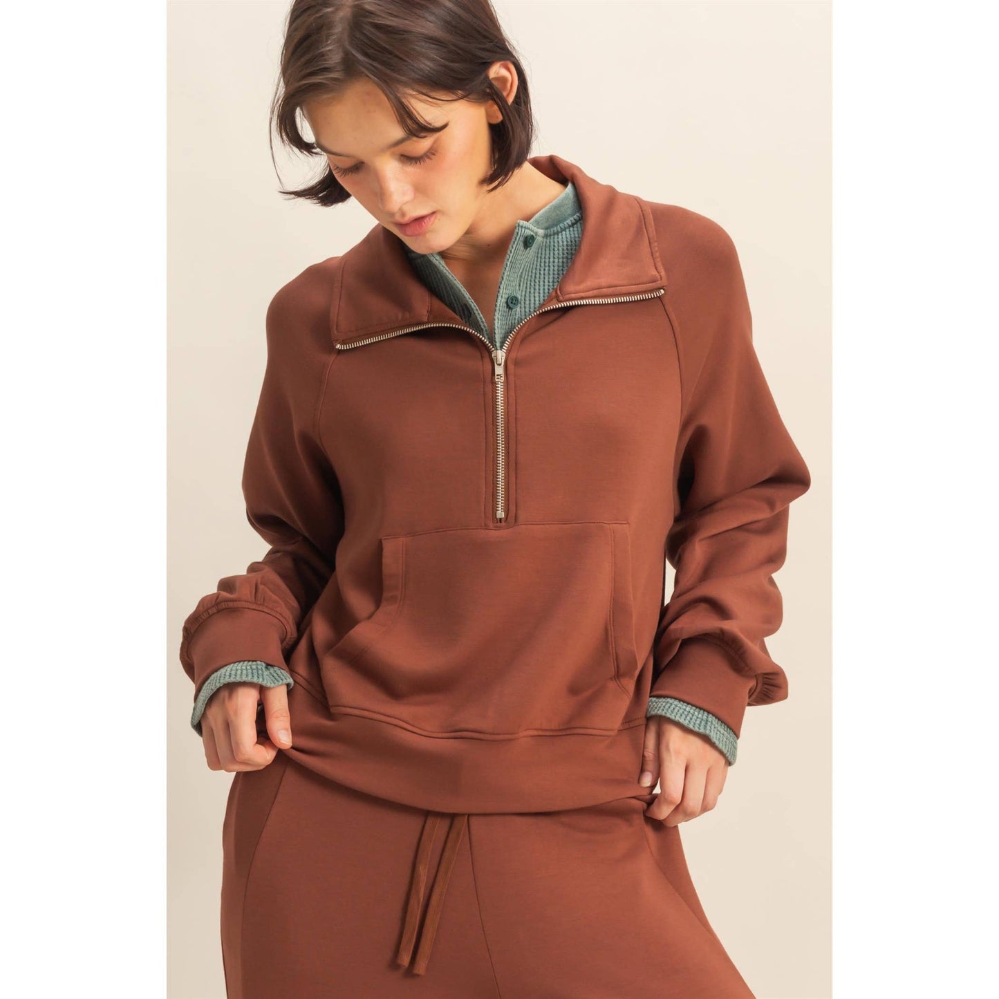 Double Knit Half Zip-Up High Neck Collar Sweatshirt