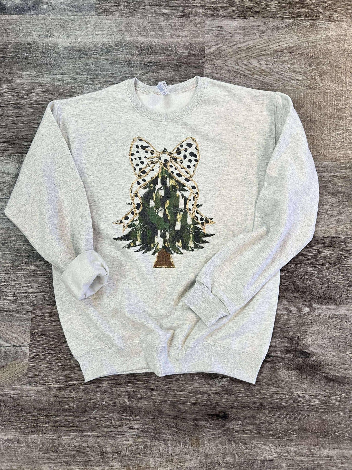 Christmas Tree with Dalmation Bow On Ash Gray Sweatshirt