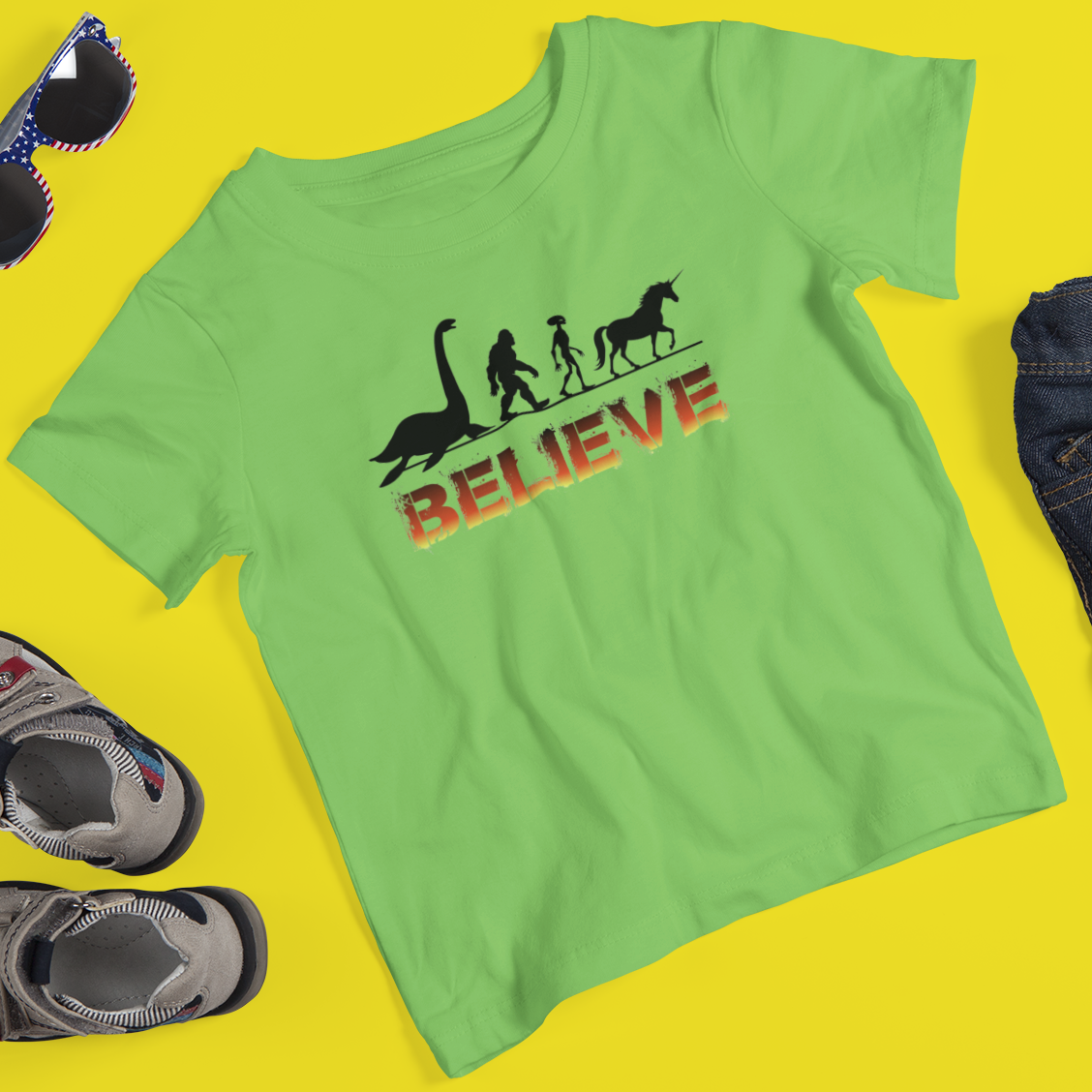 Cryptid Believe T-Shirt (Neon Green) - Can Add Your Location