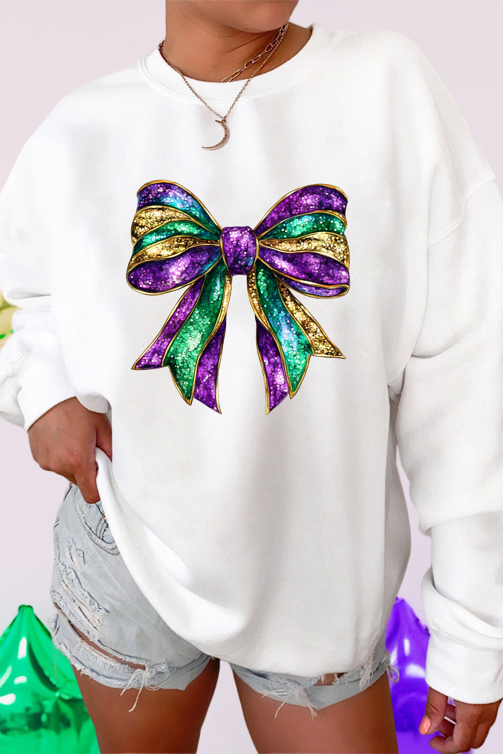 Mardi Gras Bow Graphic Drop Shoulder Sweatshirt (S-2XL)