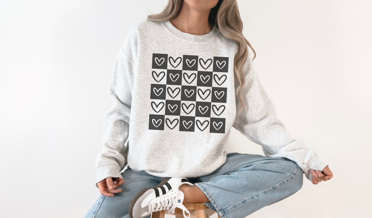 Hearts Checkerboard Crew Neck Sweatshirt