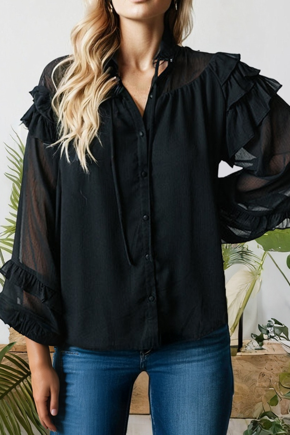 Ruffle Balloon Sleeve Chiffon Elegant Plus Size Shirt