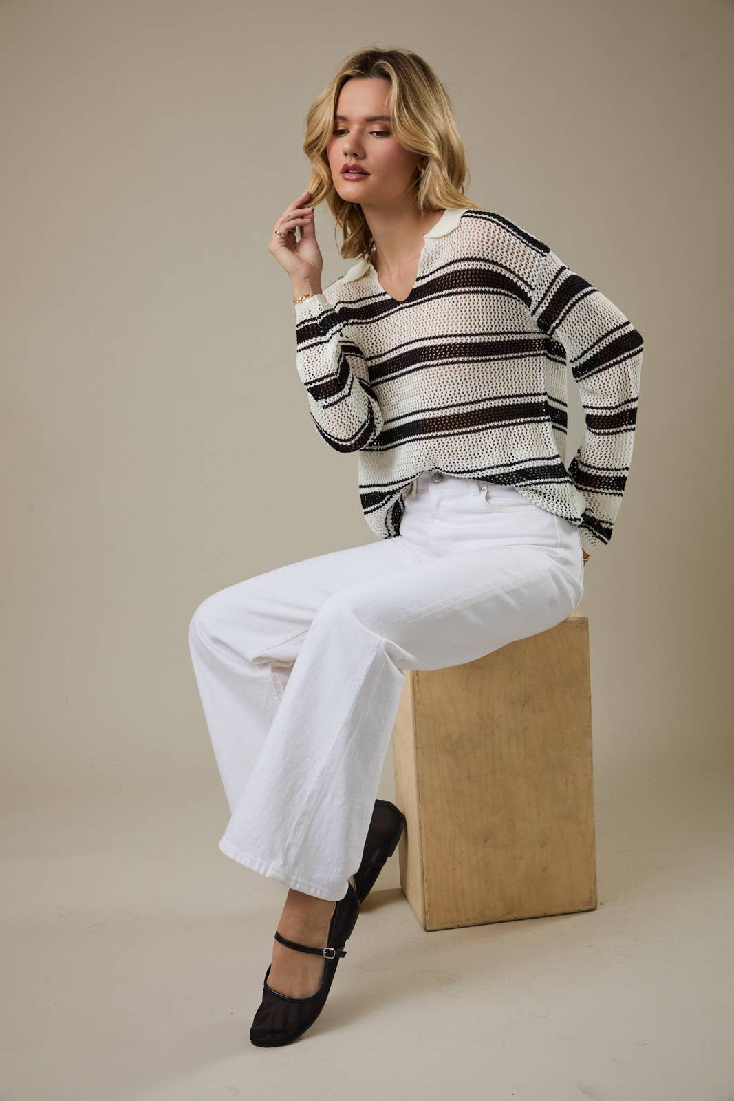Collared Long Sleeve Striped Open Knit Sweater