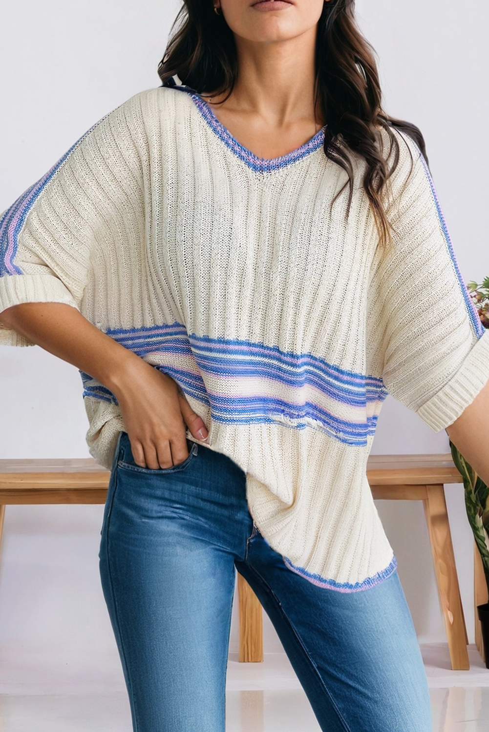 Striped Dolman Sleeve Ribbed Oversized Sweater (S-Xl)