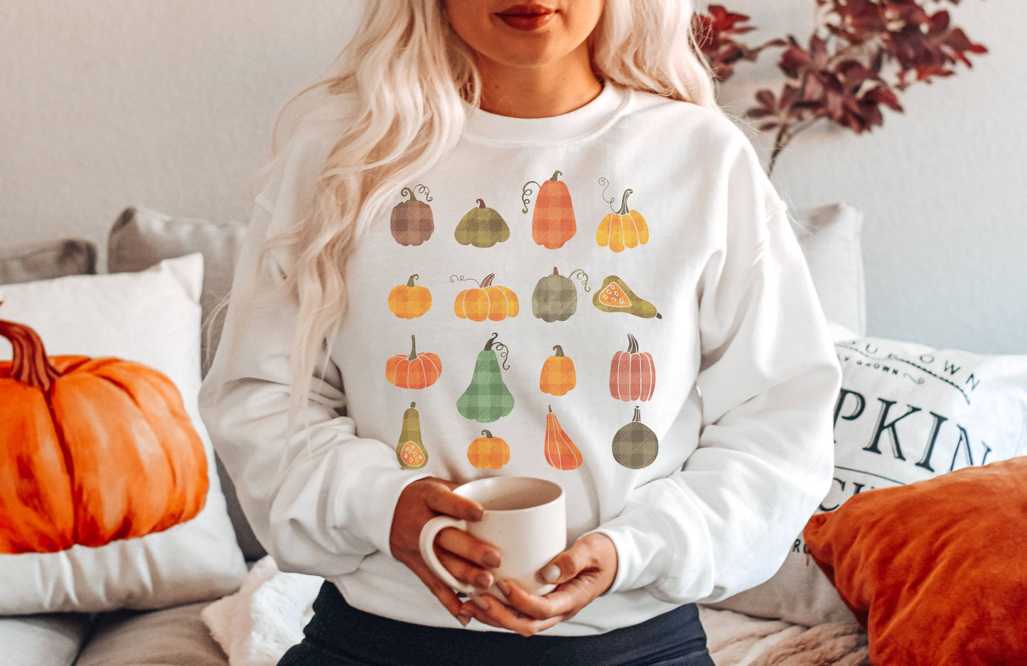 Plaid Pumpkin Grid Crew Neck Sweatshirt