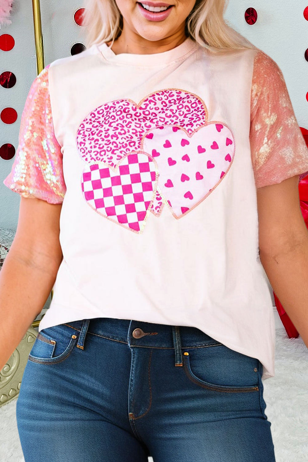 Hearts Printed Sequin Trim Sleeve Patchwork Tee (S-Xl)