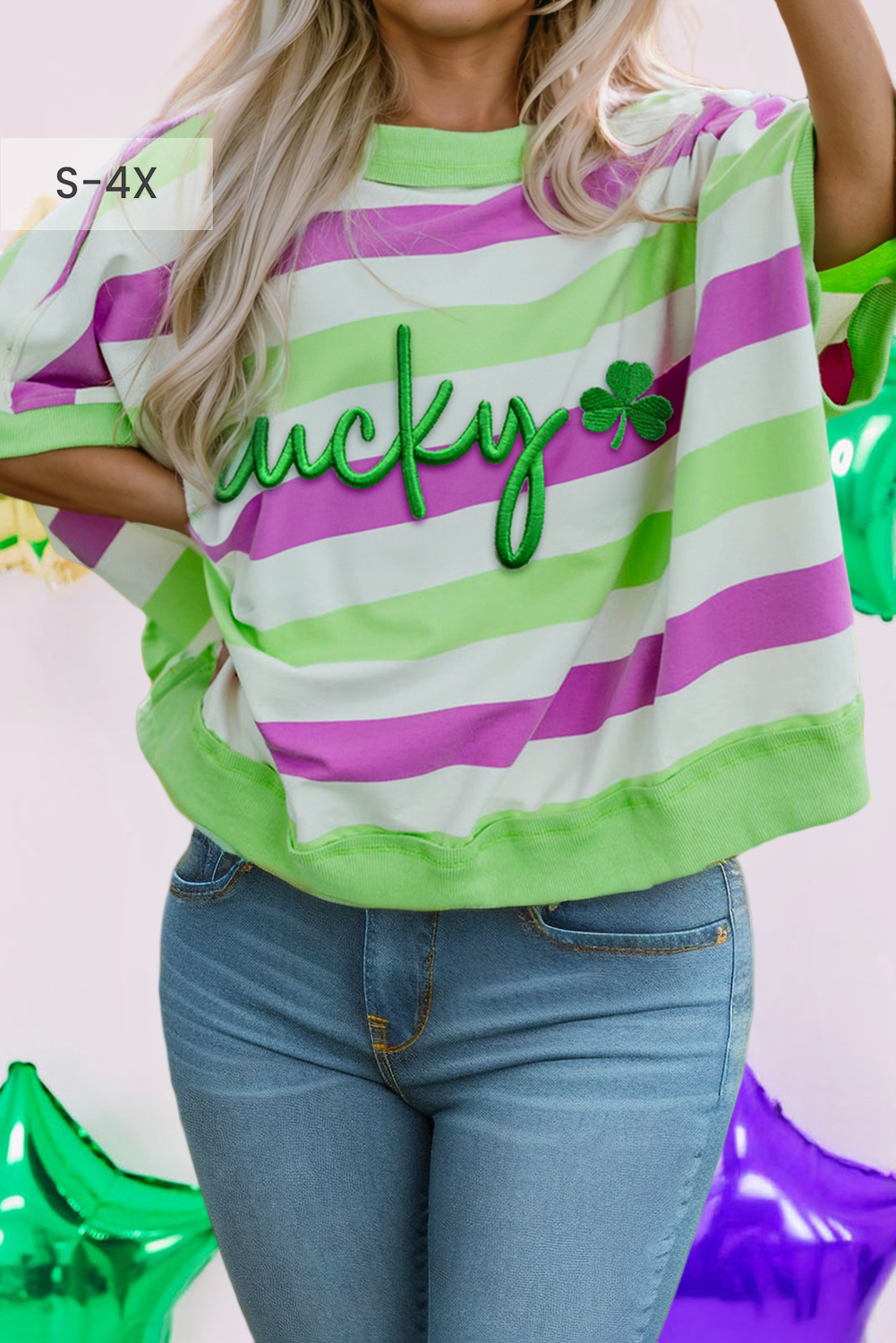 Stripe Lucky Clover Embroidered Graphic Dolman Tee (S-4X)
