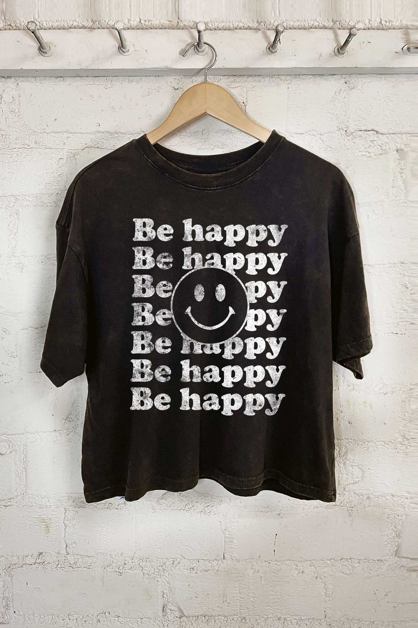 Be Happy Vintage Black Relaxed Crop T-Shirt
