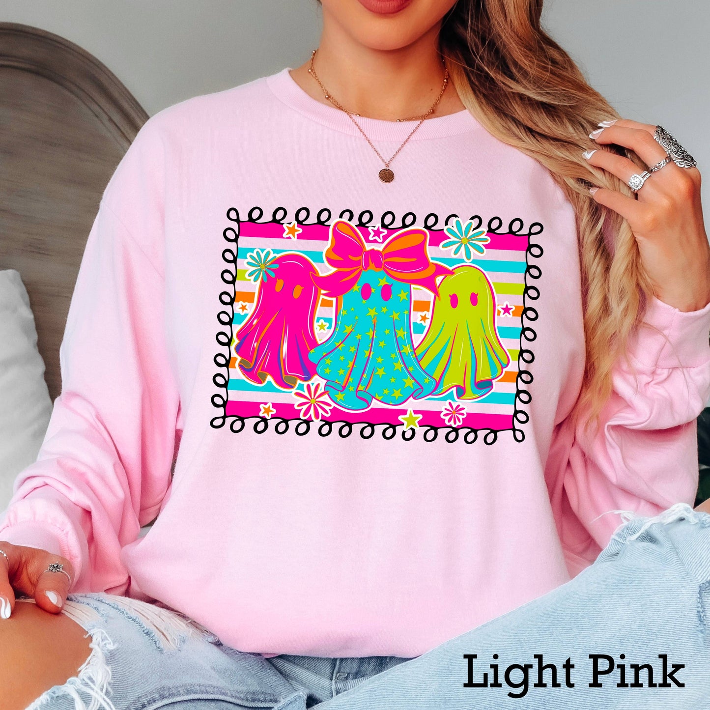 Preppy Neon Ghost Halloween 2025 Long Sleeve Shirt | Gildan